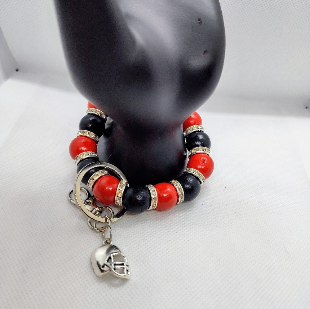 🏈 NFL Atlanta Falcons Inspired Black Red Beaded Wristlet With Helmet Charm
